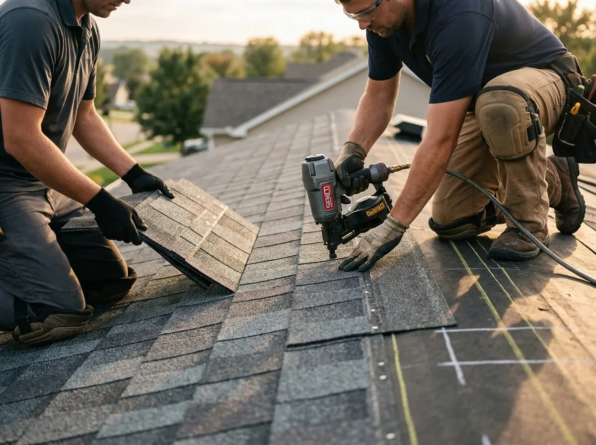Professional roofer working on a residential roof in Boxborough